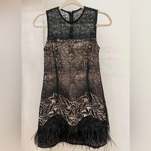 Alexis tan/black feather trim dress